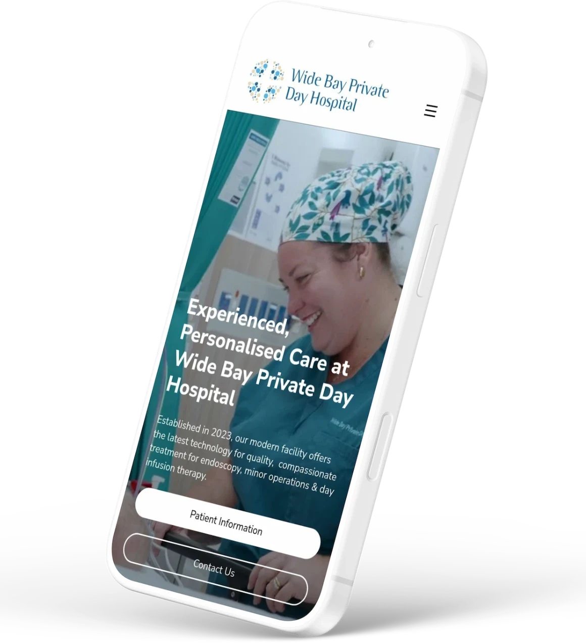The Wide Bay Private Day Hospital website, designed and built by Presstwood, on a phone